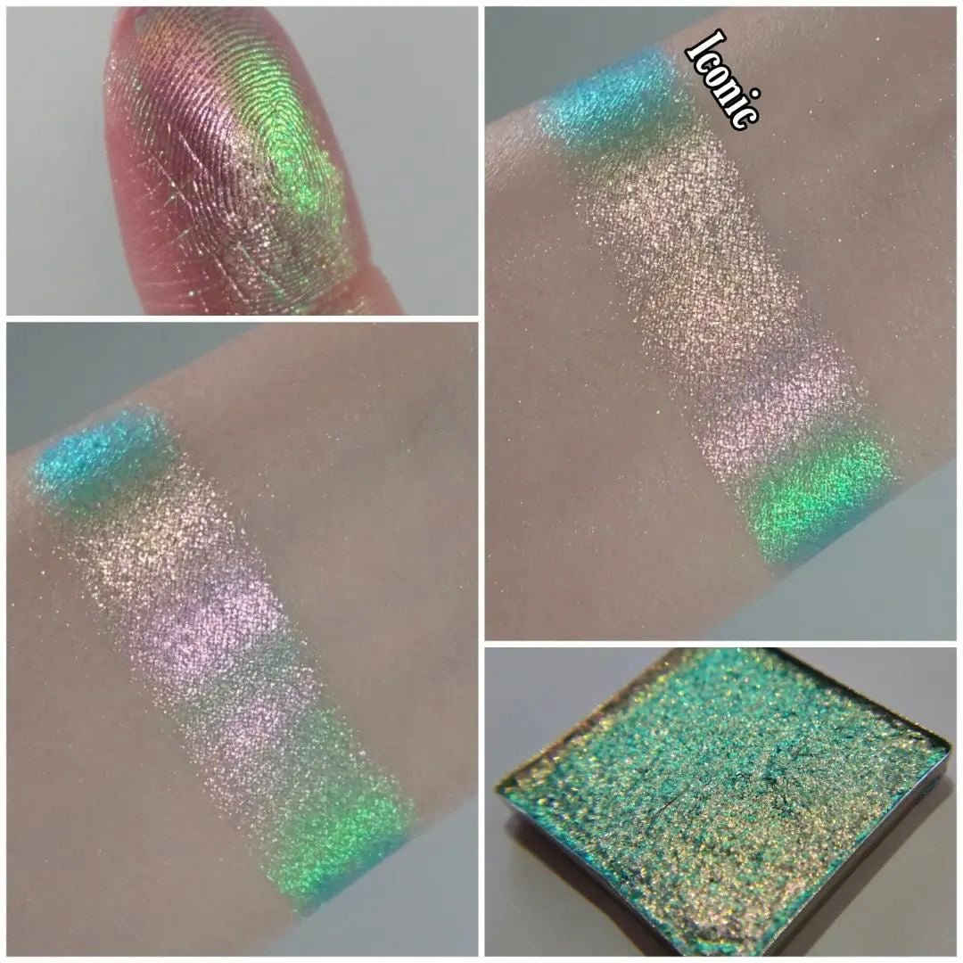 Closeup swatch of Iconic multichrome eyeshadow shift of turquoise  emerald green gold champagne pink high shine metallic
